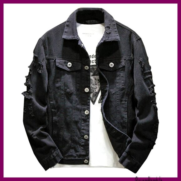 Distressed Denim Jacket Men's Button Down Trucker Coat Lightweight